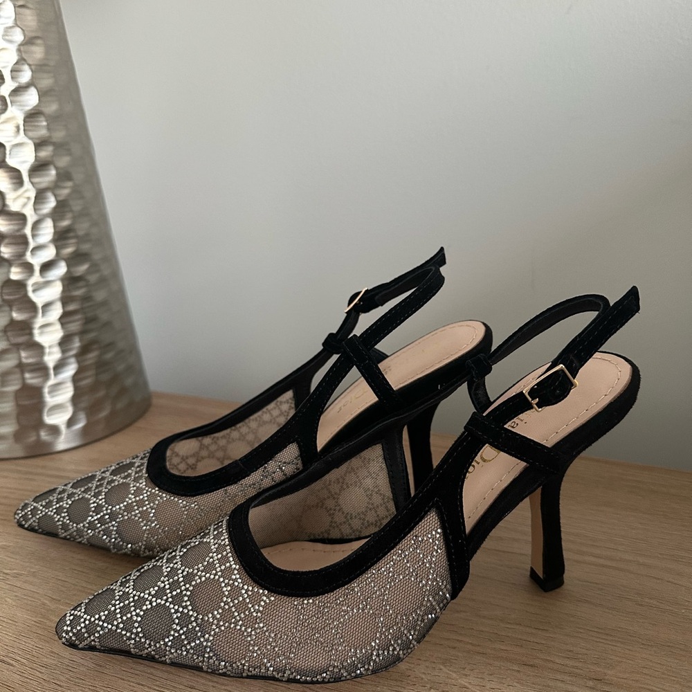 Black Mesh Slingback Heels with Metallic Pattern
